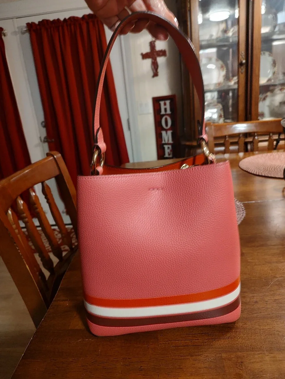 Coach Pink Pebbled Leather Shoulder Bag with Stripe Trim